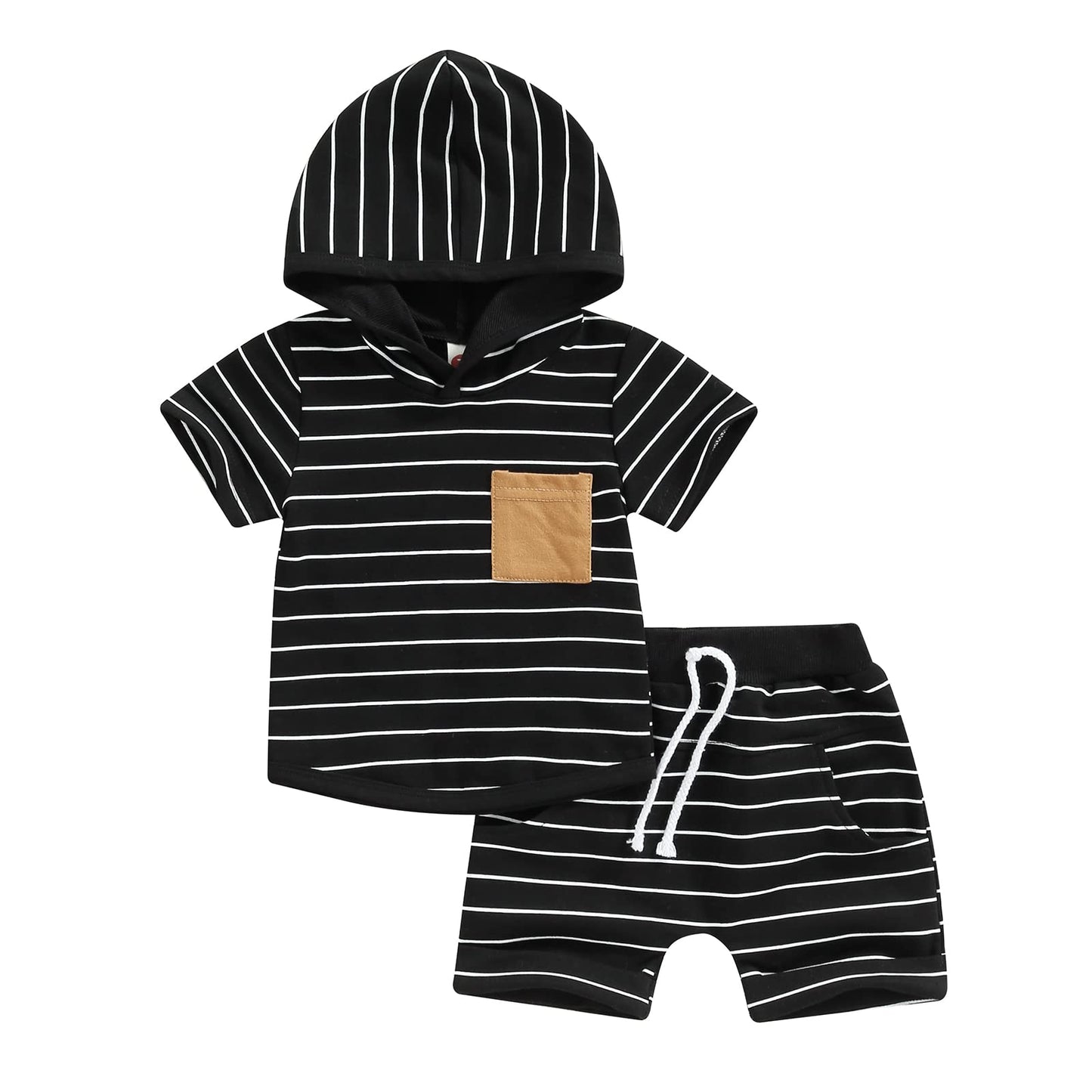 Toddler Baby Boy Summer Outfit Short Sleeve Hooded Stripes Top Casual Shorts Set Infant Newborn Clothes 6 12 18 24 Month