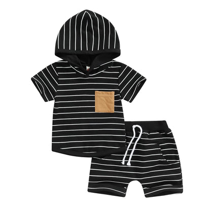 Toddler Baby Boy Summer Outfit Short Sleeve Hooded Stripes Top Casual Shorts Set Infant Newborn Clothes 6 12 18 24 Month