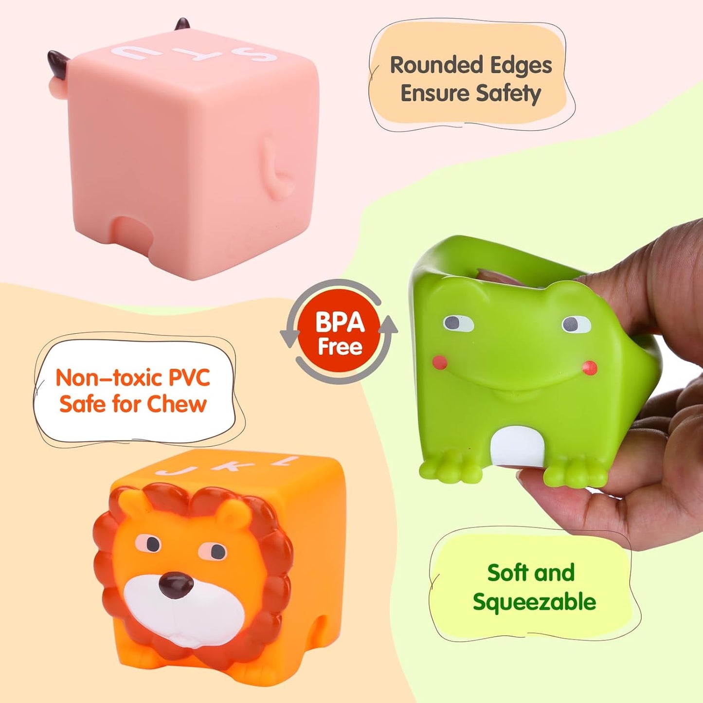Soft Baby Blocks – Stacking & Building Toys for Babies and Toddlers – 12 No Hole Squeeze Animals Blocks – Sensory Teething Toys for Infant 6 Months+