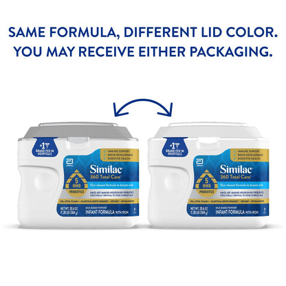 Similac 360 Total Care Infant Formula, Has 5 HMO Prebiotics, Our Closest Prebiotic Blend to Breast Milk, Non-GMO, Baby Formula Powder, 20.6-oz Tub