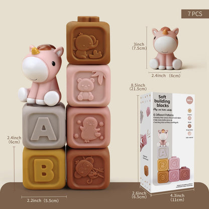 Nueplay 13 Pcs Building Circle & Blocks, Stacking & Nesting Baby Toys with Horse Figure, Newborn Essentials Squeeze Teething Toy Gifts for 6 12 18 Months Baby Toddler Girls