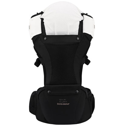 Bebamour Baby Carrier with Hip Seat,All-Position Breathable Mesh Hip Seat & Carrier 0-36Months with Head Hood, 3 PCS Teething Pads, Waist Extender,Storage Bag & Pacifier Case(Khaki)