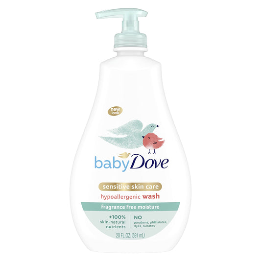 Baby Dove Sensitive Skin Care Baby Wash Fragrance Free Moisture For Baby Bath Time Fragrance Free and Hypoallergenic, Washes Away Bacteria 34 oz (Pack of 1)
