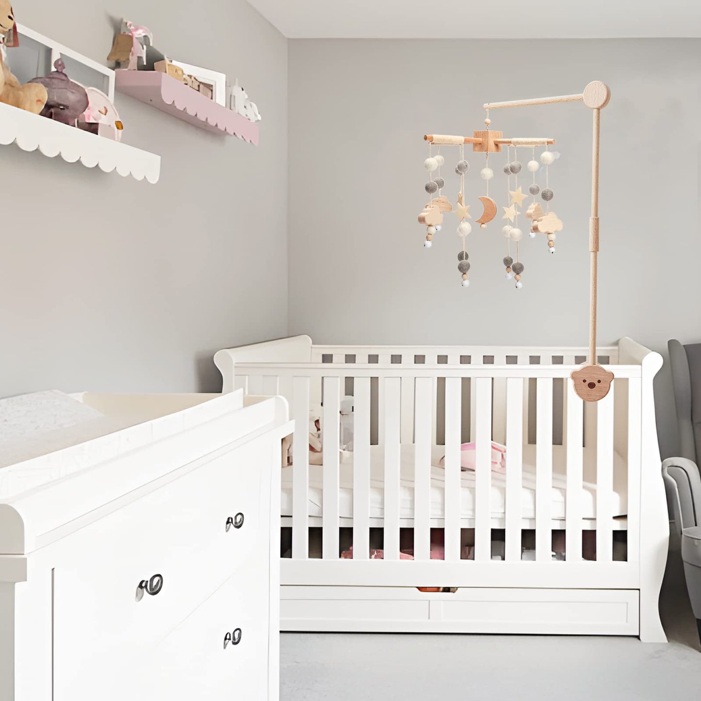 Boho Baby Crib Mobile Decor - Wooden Moon and Stars Nursery Mobiles with Cloud for Bassinet Starry Night Handmade Soft Felt Beads Hanging Wind Chime Toys Pendant for Infant Newborn Boy and Girl