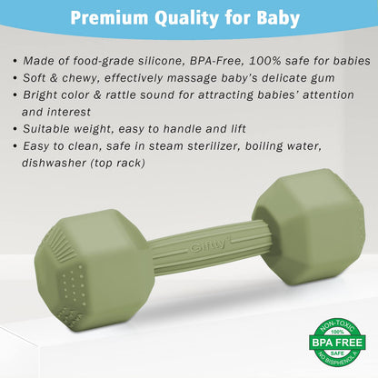 Giftty Baby Dumbbell Toy - Silicone Infant Rattle Teething Toy Teether Toddler Sensory Toy Durable Safe Exercises Workout Weight - Great Gift for Girls and Boys (1pcs 4.8oz - Gray)
