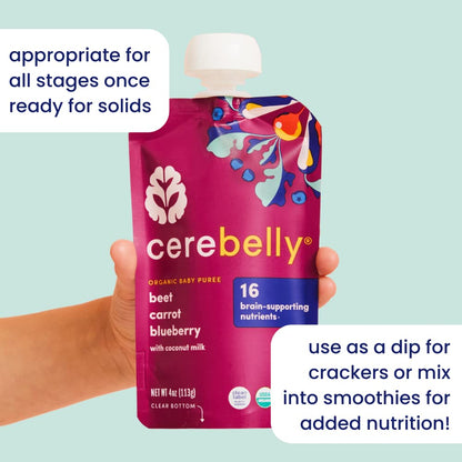 Cerebelly Organic Baby Food Pouches Variety Pack – Organic Veggie Purees for Toddlers | No Added Sugar, Fiber, Non-GMO | Blended Toddler Pouches | 4 Ounce BPA-Free Pouch | 4 Flavors | 8 Count