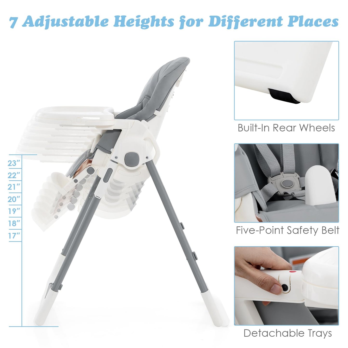 INFANS High Chair for Babies & Toddlers, Foldable Highchair with Multiple Adjustable Backrest, Footrest and Seat Height, Removable Tray, Detachable PU Leather Cushion, Built-in Rear Wheels (Black)