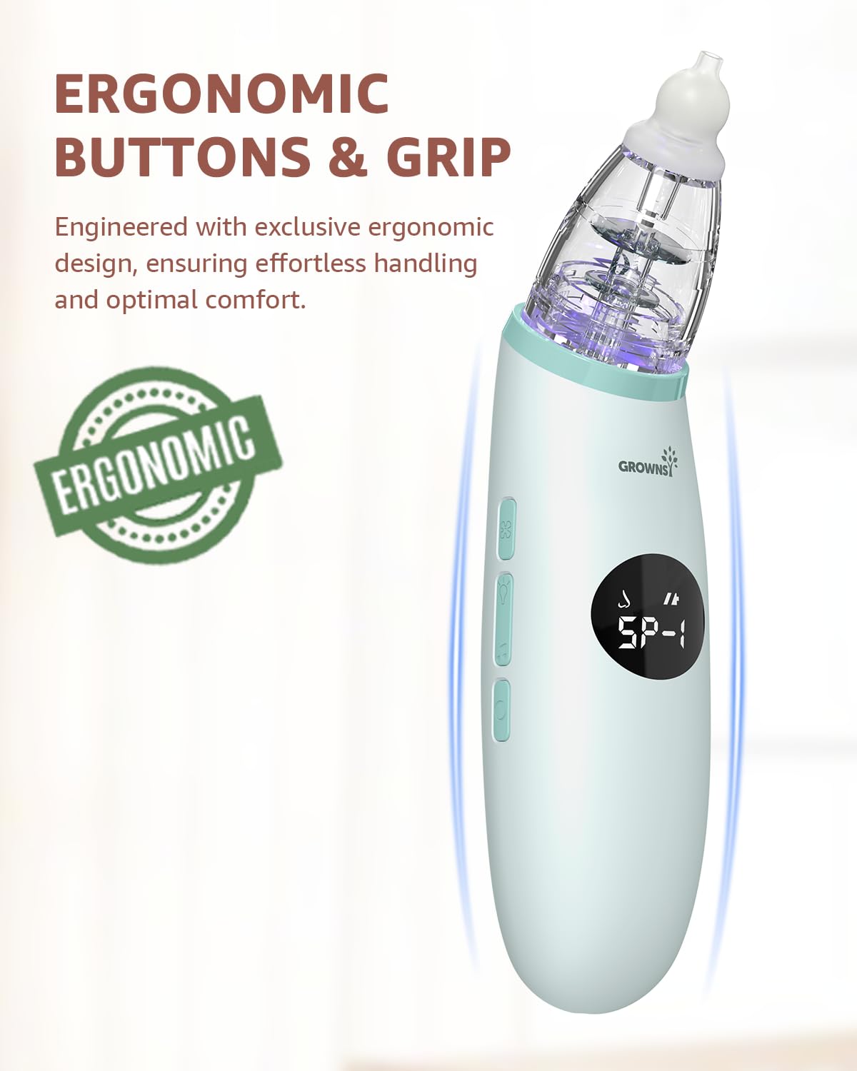 GROWNSY Nasal Aspirator for Baby | Baby Nose Sucker | Electric Nose Suction for Toddler, Ergonomic Booger Sucker with 3 Silicone Tips, Music & Light Soothing Function(White)