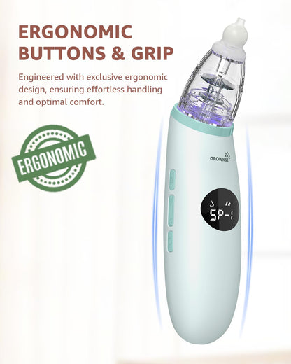 GROWNSY Nasal Aspirator for Baby | Baby Nose Sucker | Electric Nose Suction for Toddler, Ergonomic Booger Sucker with 3 Silicone Tips, Music & Light Soothing Function(White)