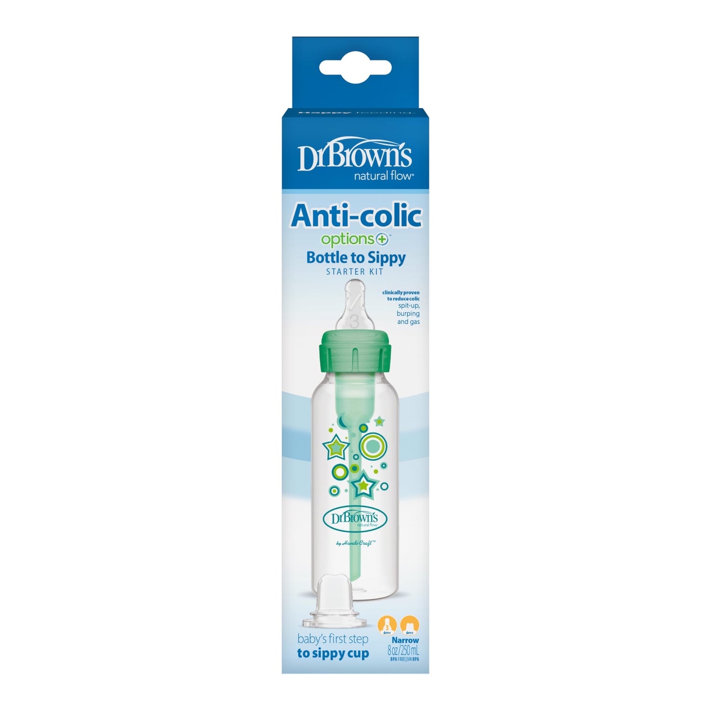 Dr. Brown's Anti-Colic Options+ Narrow Sippy Bottle Starter Kit, 8oz/250mL, with Level 3 Medium-Fast Flow Nipple and Soft 100% Silicone Sippy Spout, Pink, BPA Free, 6m+