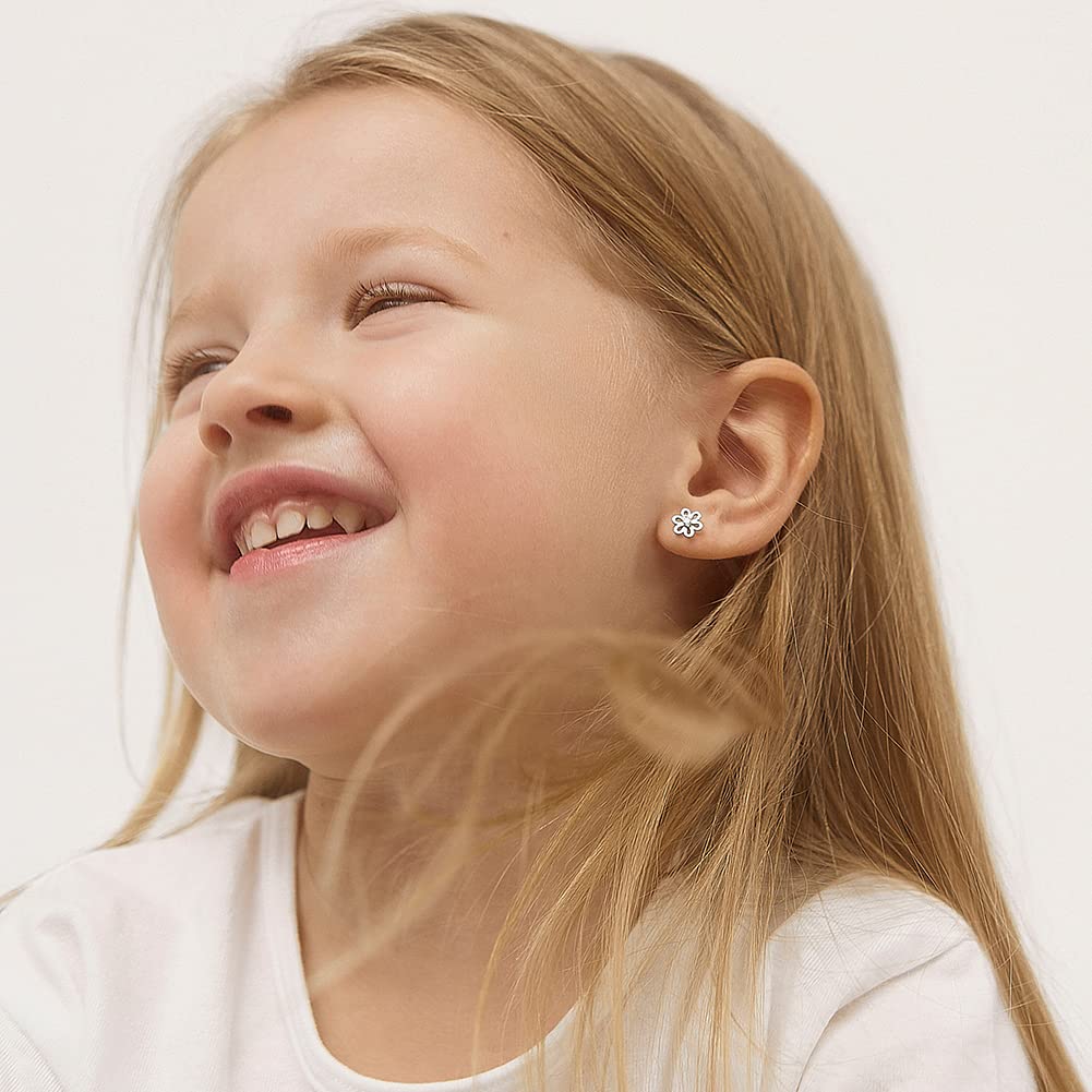 925 Sterling Silver CZ Flower Earrings - Hypoallergenic Screw Back Earrings for Girls & Toddlers - Lightweight, 7mm Flower Design