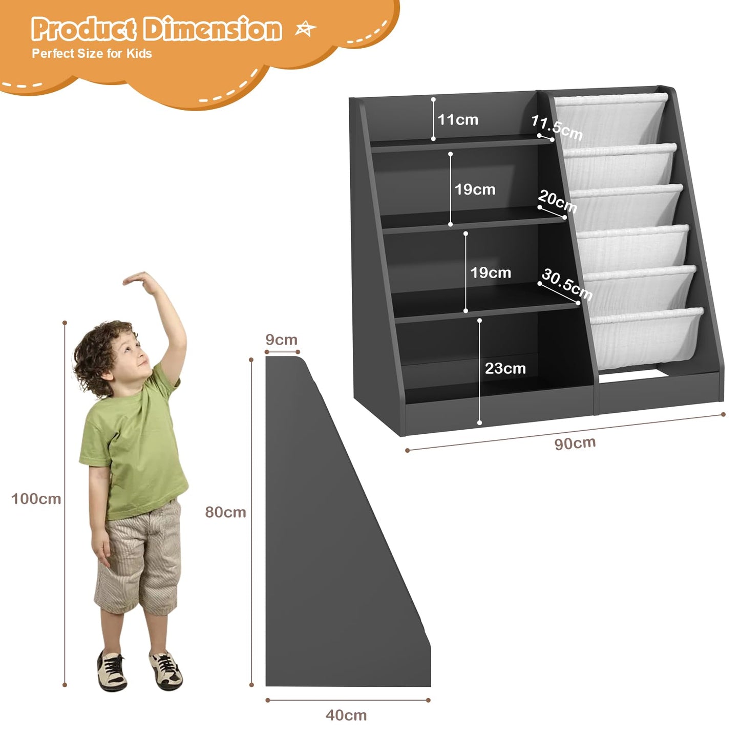 White Kids Bookshelf Wood Toy Storage Organizer Cabinet Children Bookcase Toddler Baby Sling Book Rack 3 Cube Bins Fabric Drawers for Playroom Bedroom Nursery School