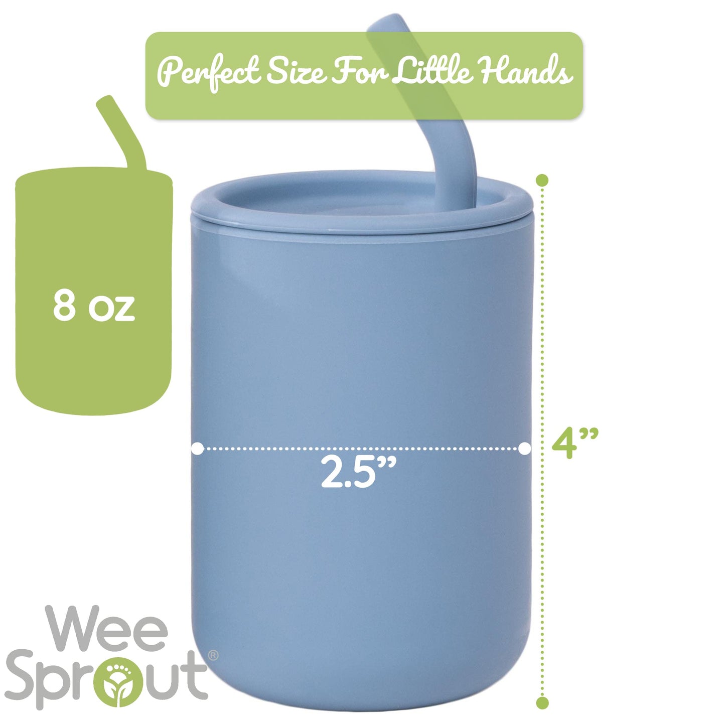 WeeSprout Silicone Baby Cups With Straws and Lids, 4 & 8 oz Options, Set of 2, Food Grade Toddler Training Container, Built In Straw Stoppers, Measurement Markings, Dishwasher Safe + Straw Cleaner