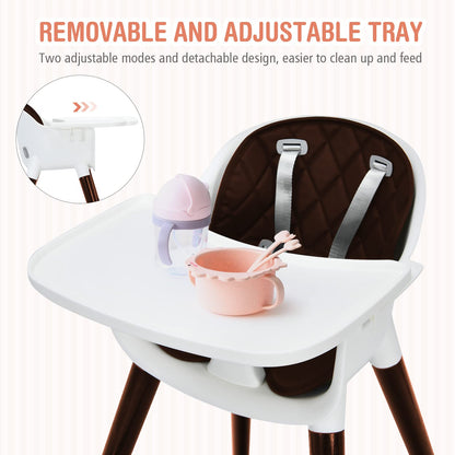 INFANS Baby High Chair, 3 in 1 Convertible Wooden Highchair for Babies & Toddlers, Modern Infant Feeding Chair with 5-Point Safety Harness, Footrest, Adjustable Legs, Removable Tray PU Cushion