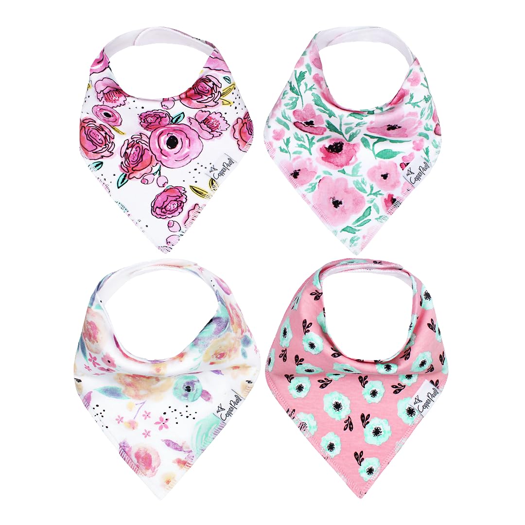 Copper Pearl 4 Pack Soft Cotton Baby Bibs for Drooling and Teething, Absorbent Drool Bibs for Baby Girl and Boy, Adjustable to Fit Newborns to Toddlers, Tons of Styles (Ferra)