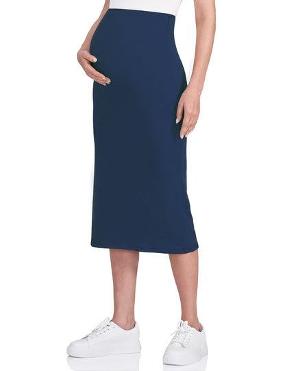 POSHDIVAH Women's Maternity Skirt Over The Belly Midi High Waisted Solid Stretchy Pregnancy Pencil Skirt