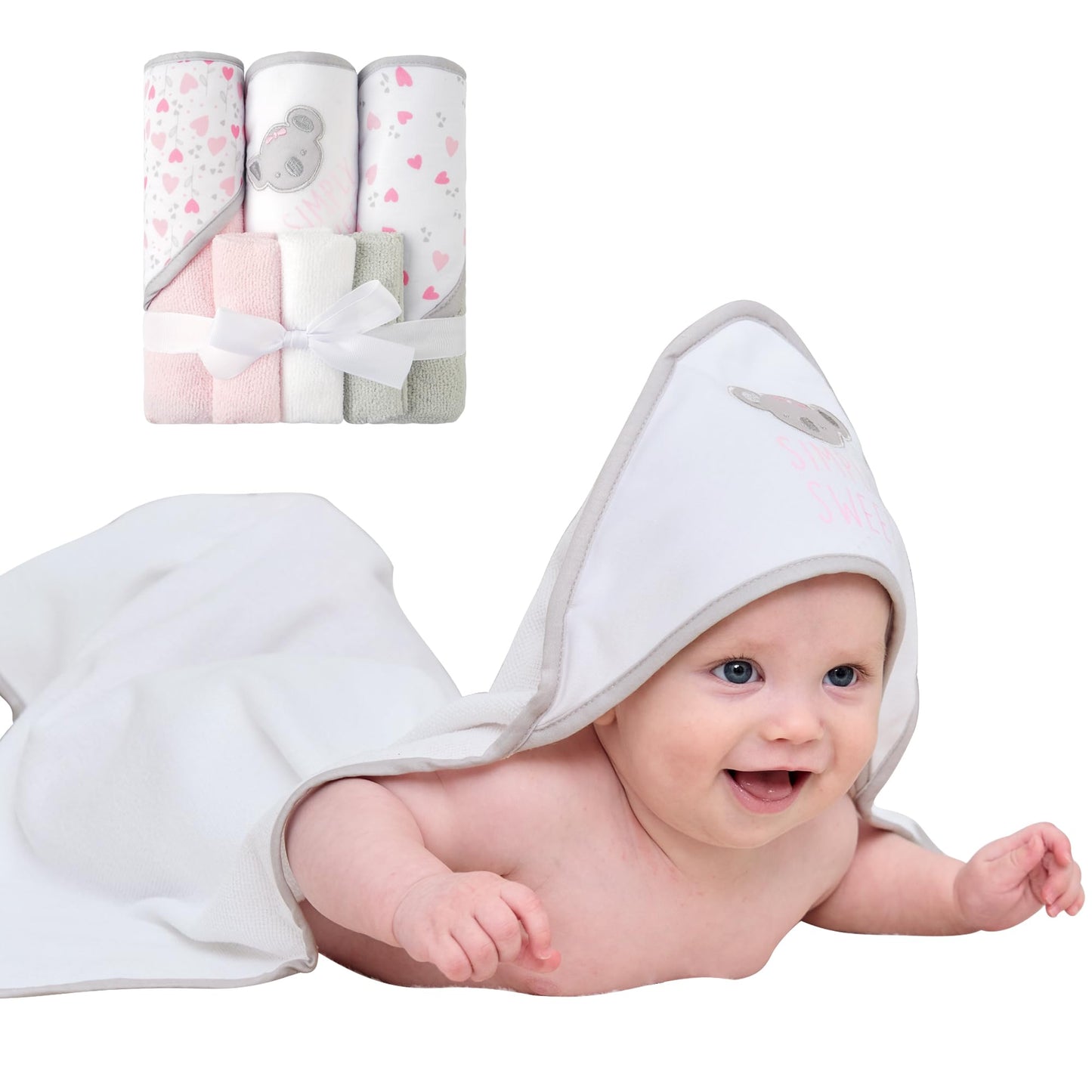 Viviland Baby Towels and Baby Wash Cloths Set Hooded Baby Towels Baby Wipes Absorbent Bath Face Towels Burp Cloths or Face Towels for Girl Boy 6-Pack Size 28 x 28 Inch(Elephant Flower)