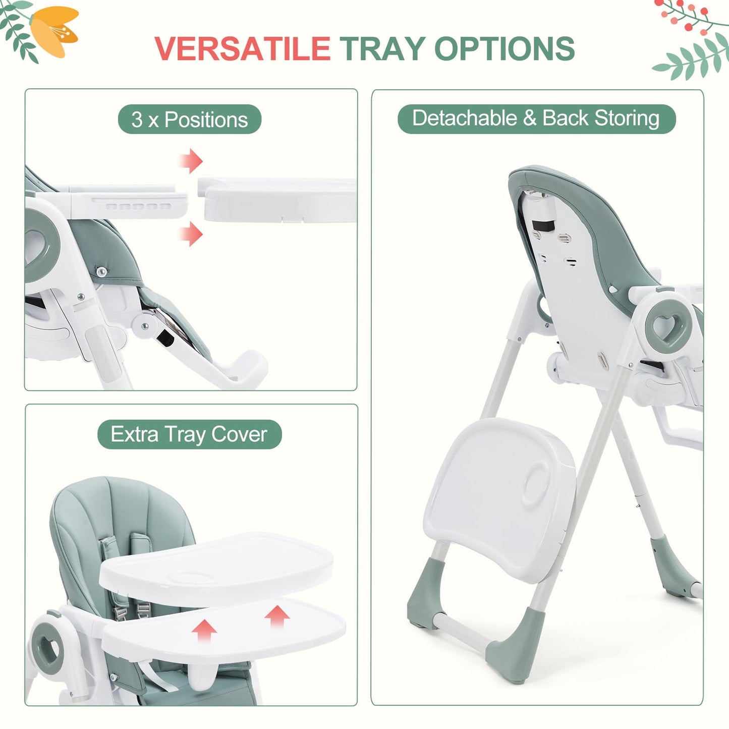 Foldable Baby High Chair with Adjustable Height, 5 Recline Positions & Removable Double Tray - Easy Clean, Space-Saving Infant Highchair for Toddlers, 5-Point Harness & Compact Design