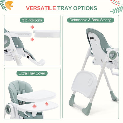 Foldable Baby High Chair with Adjustable Height, 5 Recline Positions & Removable Double Tray - Easy Clean, Space-Saving Infant Highchair for Toddlers, 5-Point Harness & Compact Design