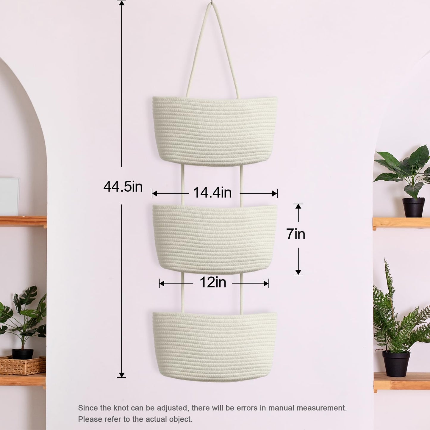 TeoKJ Over the Door Hanging Basket, 3-Tier Woven Cotton Wall-Mounted Storage Organizer Bag Decorative Hanging Nursery Baskets - Jute