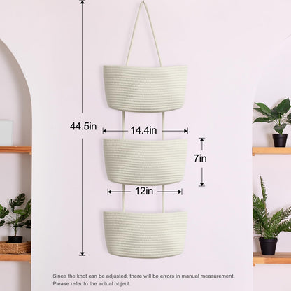 TeoKJ Over the Door Hanging Basket, 3-Tier Woven Cotton Wall-Mounted Storage Organizer Bag Decorative Hanging Nursery Baskets - Jute