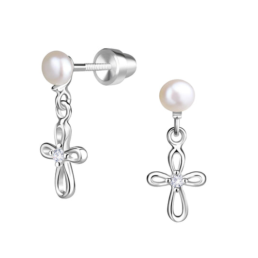 Cherished Moments Children's Sterling Silver Cultured Pearl or CZ, Dangling Cross Earrings with Screw Backs for Baptism, Christening, First Communion Gift for Babies, Kids, Toddlers, and Little Girls