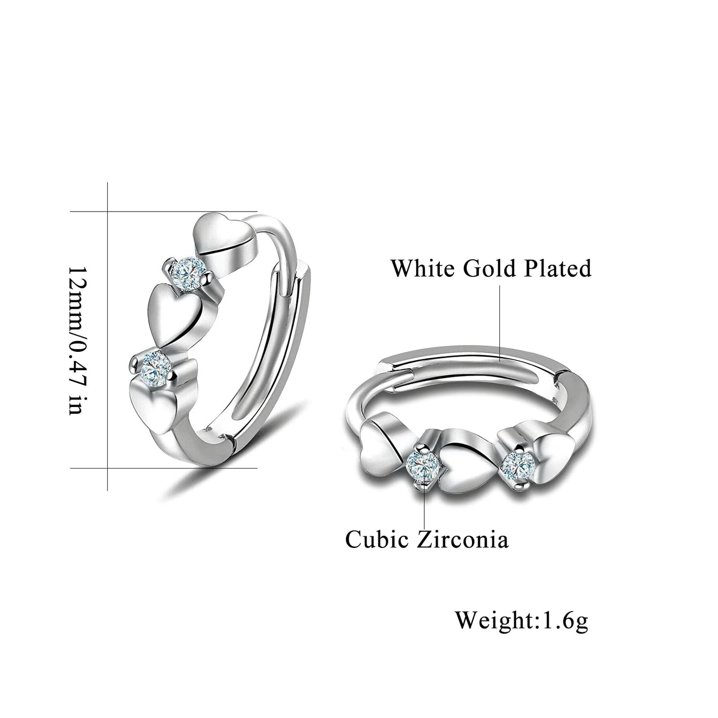 CiNily 14K White Gold Plated Small Hoop Earrings for Women Girls Heart Cubic Zirconia Hypoallergenic Earrings