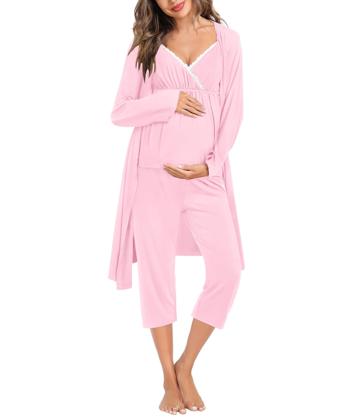 SWOMOG Maternity Nursing Robe Set 3 Piece Breastfeeding Pajamas 3 in 1 Labor Delivery Sleevless Tops&Long Pants Pregnancy Pjs