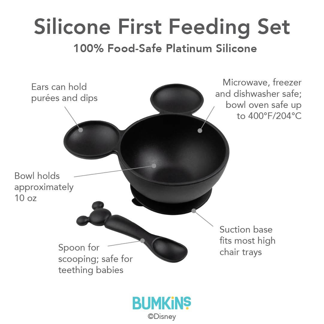 Bumkins Baby Bowls, Disney Minnie Mouse Silicone Baby Feeding Set, Suction Bowls for Baby and Toddler with Spoon, First Feeding Set, Platinum Silicone Bowl for Babies 4 Months