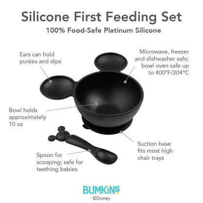 Bumkins Baby Bowls, Disney Minnie Mouse Silicone Baby Feeding Set, Suction Bowls for Baby and Toddler with Spoon, First Feeding Set, Platinum Silicone Bowl for Babies 4 Months
