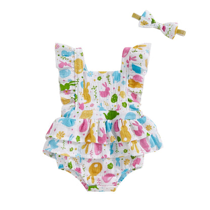 Baby Girls Flutter Sleeve Ruffles Layered Romper Dress Cute Patterns Printed Holiday Outfit with Headband