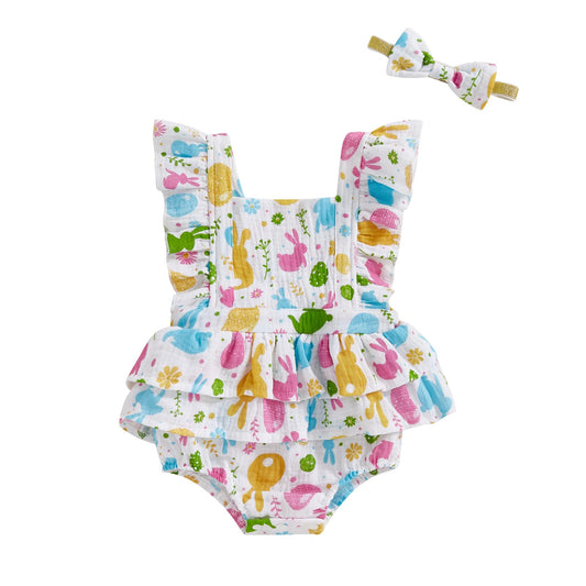 Baby Girls Flutter Sleeve Ruffles Layered Romper Dress Cute Patterns Printed Holiday Outfit with Headband