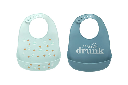 Pearhead Silicone Bib Set of 2, You're a Peach & Light Yellow Waterproof Bibs with Food Catcher, Adjustable Fit, Dishwasher Safe, Unisex Toddler Bib Set
