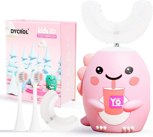 Kids U Shaped Electric Toothbrush with 4 Brush Heads, Sonic Toothbrush Kids with 5 Modes, Cartoon Dinosaur 360-Degree Cleaning IPX7 Waterproof Design (2-6 Age (Blue))