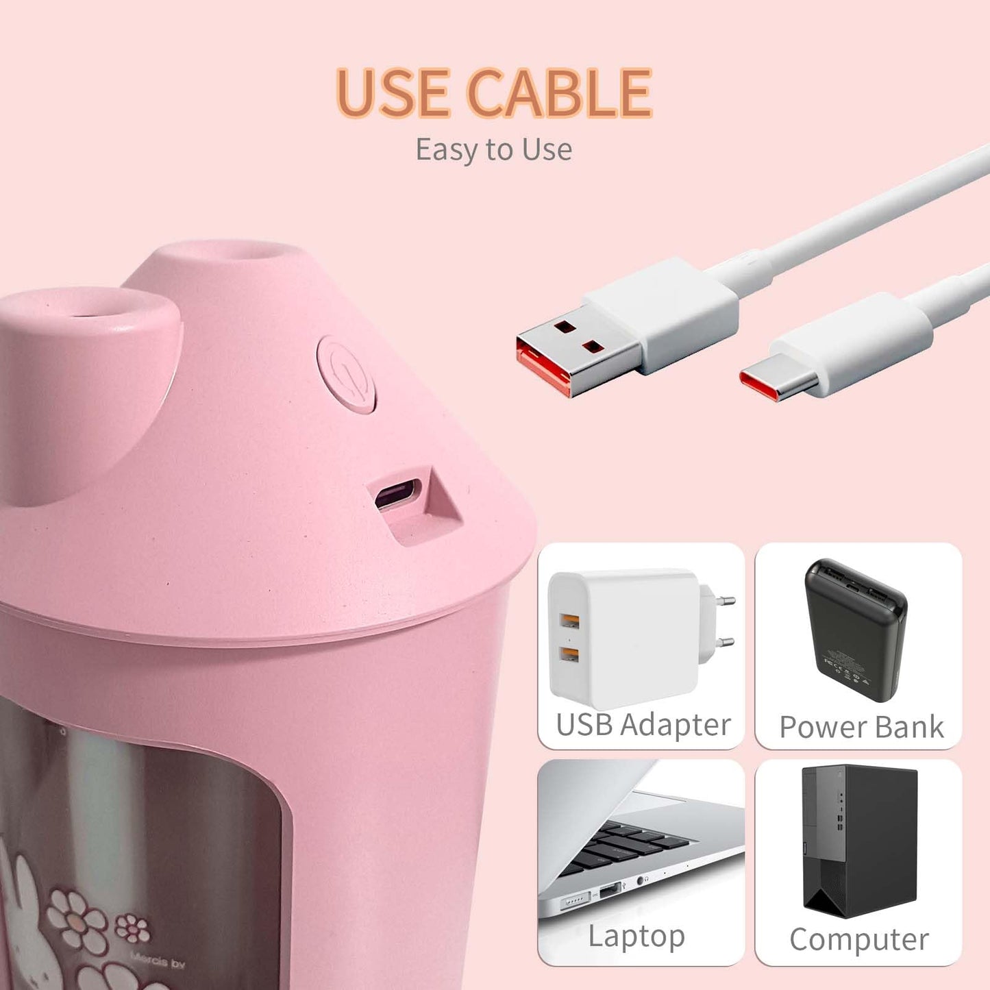 Mipow x miffy BTA700M Cool Mist Humidifier for Bedroom,Ultrasonic Quiet Humidifier with Night Light,450 ML Double Spray Humidifiers for Nursery,Office Indoor Plants (Pink)