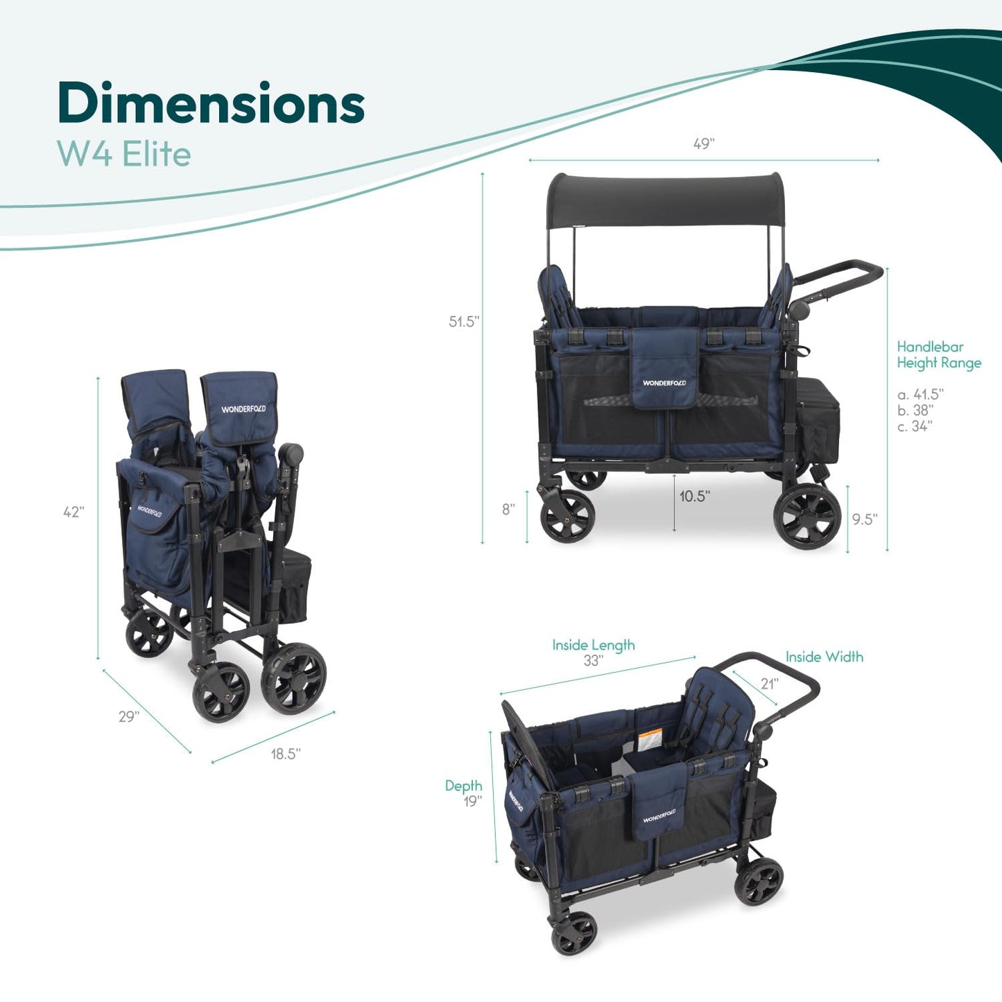 WONDERFOLD W4 Original Stroller Wagon (4 Seater) - Collapsible Wagon Stroller with Seats with 5-Point Harnesses, Easy Access Zipper Door, and Removable Sun Canopy, Black