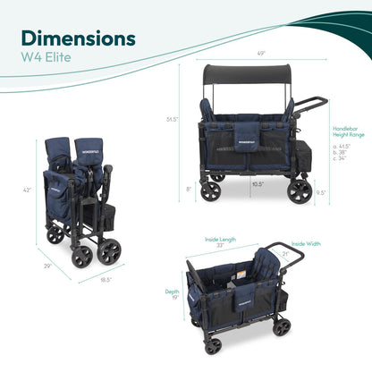 WONDERFOLD W4 Original Stroller Wagon (4 Seater) - Collapsible Wagon Stroller with Seats with 5-Point Harnesses, Easy Access Zipper Door, and Removable Sun Canopy, Black