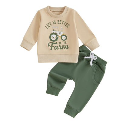 Toddler Baby Boy Fall Winter Outfits Tractor Print Long Sleeve Sweatshirt Pants Set Kids Sweatsuit Clothes