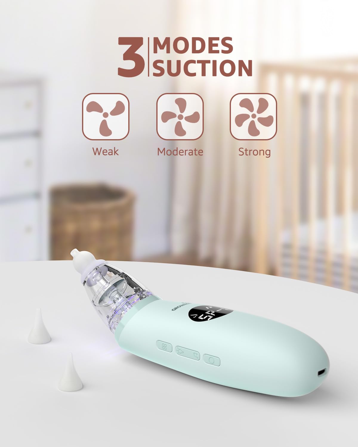 GROWNSY Nasal Aspirator for Baby | Baby Nose Sucker | Electric Nose Suction for Toddler, Ergonomic Booger Sucker with 3 Silicone Tips, Music & Light Soothing Function(White)