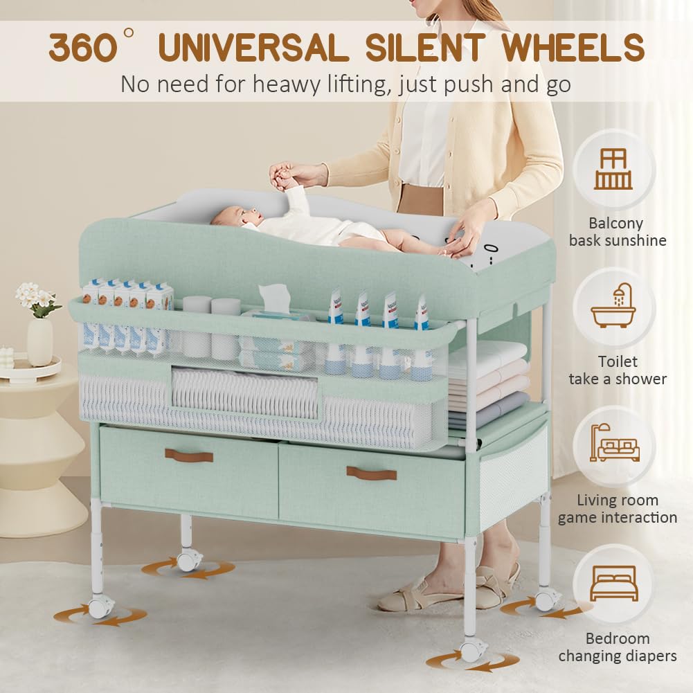 Diaper Changing Station, Portable Changing Table for Baby, Diaper Changing Table with Storage Drawers, Waterproof Baby Changing Station with Wheels and Adjustable Height for Newborn Infant (Pink)