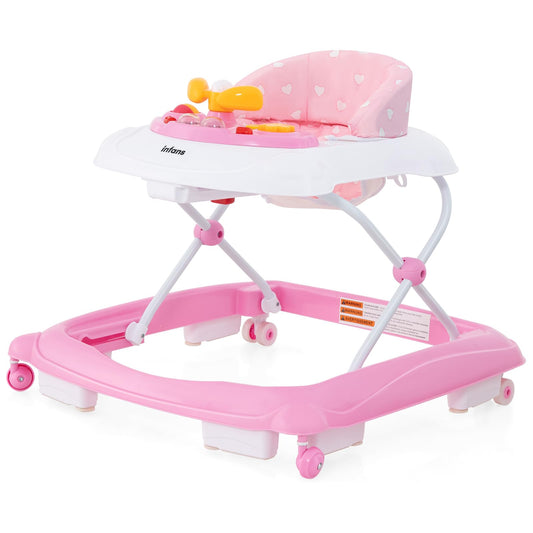 INFANS Foldable Baby Walker, 3 in 1 Toddler Walker Leaning-Seated Walk-Behind with Removable Music Tray, Adjustable Height, Washable Seat Cushion for Boys and Girls (Heart)