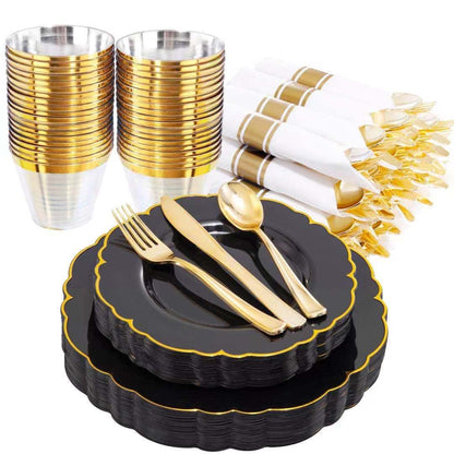 Morejoy 175PCS Rose Gold & Silver Plastic Dinnerware Set: 25 Plates, 25 Forks, 25 Knives, 25 Spoons, 25 Cups, 25 Napkins - Perfect for Wedding & Party