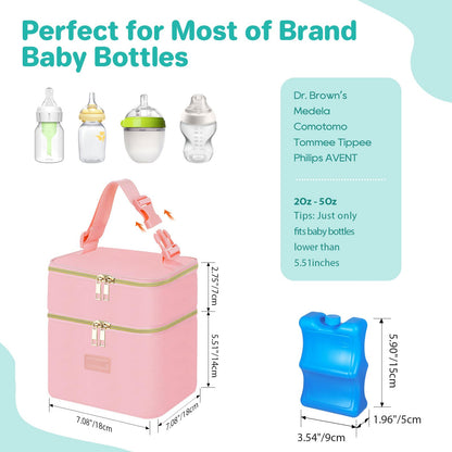 PIIOSER Baby Bottle Tote Bag with Ice Pack, Fits 4 Baby Bottles Up to 9 Ounce, Small Insulated Breastmilk Cooler Travel Bag with Shoulder Strap for Nursing & Working Mom Daycare (Cream-S)