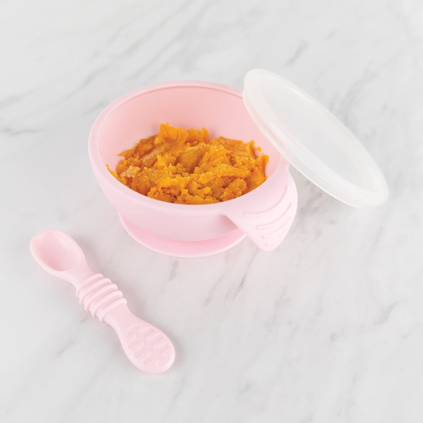 Bumkins Baby Bowls, Disney Minnie Mouse Silicone Baby Feeding Set, Suction Bowls for Baby and Toddler with Spoon, First Feeding Set, Platinum Silicone Bowl for Babies 4 Months