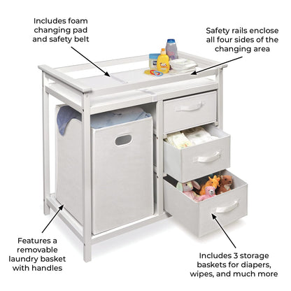 Badger Basket Modern Baby Changing Table - Portable Diaper Station with 3 Drawers Pad & Hamper - Storage Organizer for Baby Clothes, Diapers & Toys - Fresh White/White (34.25 x 20.75 x 34.5)