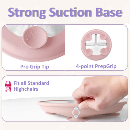Stainless Steel Baby Plate with Suction, 9” Divided Toddler Plates with Removable Silicone Sleeves for Kids, Non-Toxic Non-Slip Unbreakable Dishwasher Safe Dinnerware Set of 2, Pink & Beige