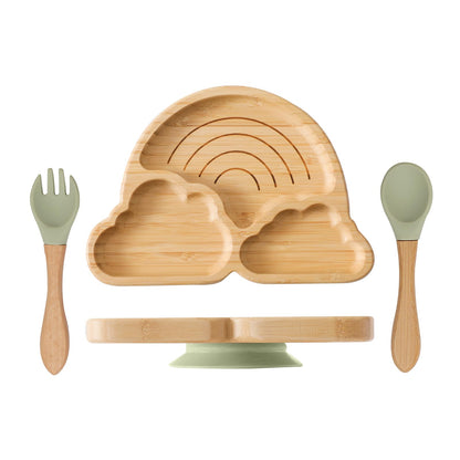 Bamboo Suction Plates Bowls Set for Baby Toddler Divided Platter Food bowl with Silicone Fork & Spoon All-Natural Baby Feeding Set for Baby-Led Weaning, Non-Slip Design