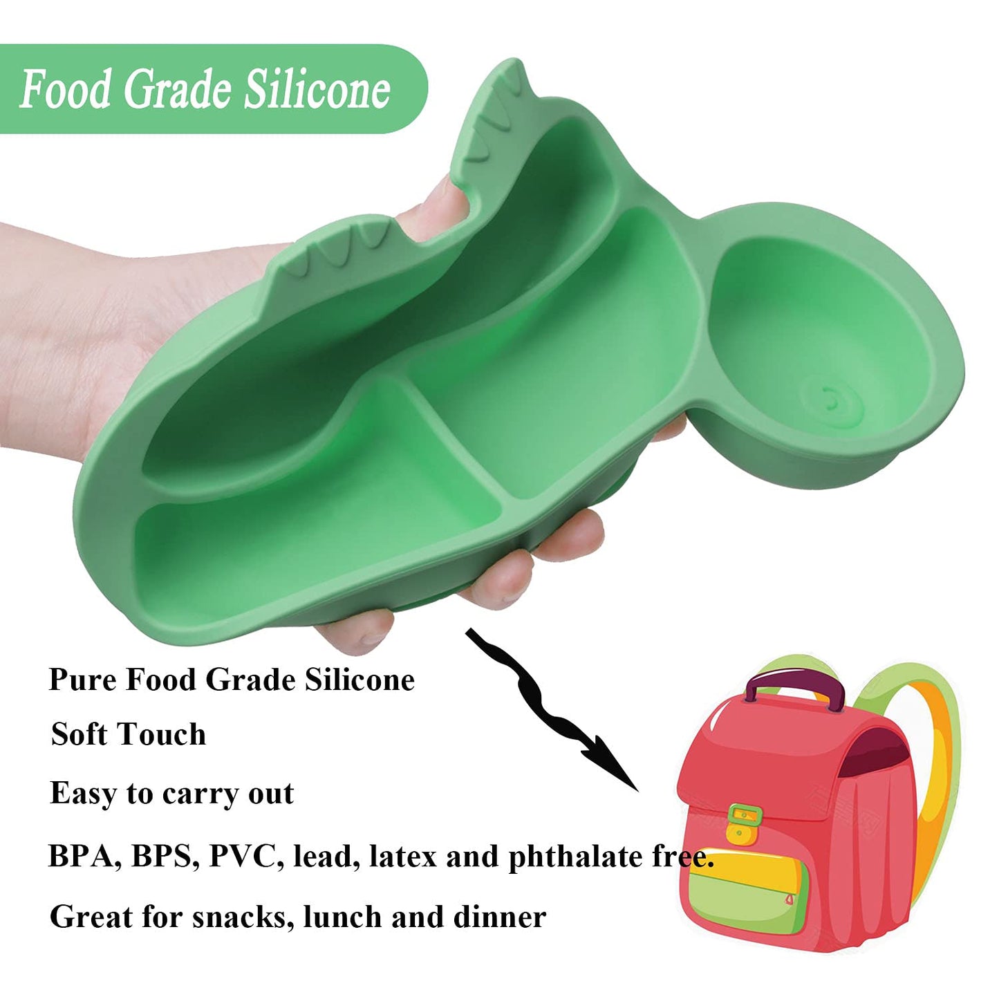 Silicone Suction Plates for Baby Toddler with Spoon Fork set Divided Dinosaurs Plates Self Feeding Training Baby Dinner Plate-Green Dinosaurs Plate Set