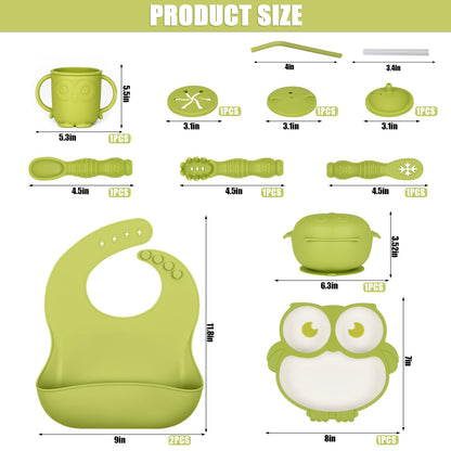 Silicone Baby Feeding Set 11 Piece, Baby Led Weaning Feeding Supplies, Strong Suction Bowl & Suction Plate, Adjustable Bibs, 4-in-1 Cup, Silicone Spoon & Fork, Food-grade Silicone (Green)