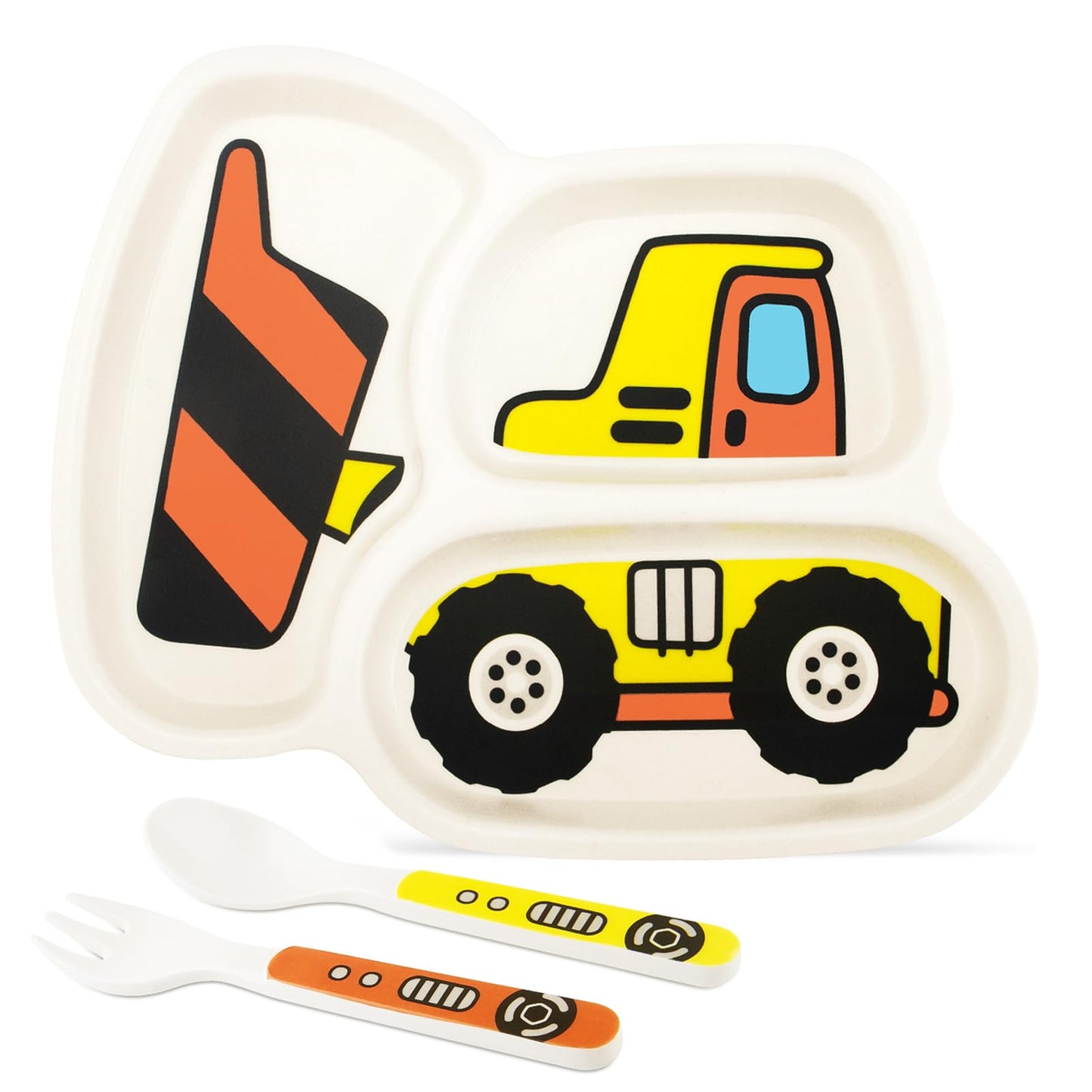 Kids Plate Set, Included Fork and Spoon 3-Piece Set - Toddler Dinnerware Dinner Dish Set - Baby Feeding Divided Plate - Child Portion Control Dish Tray (Excavators)